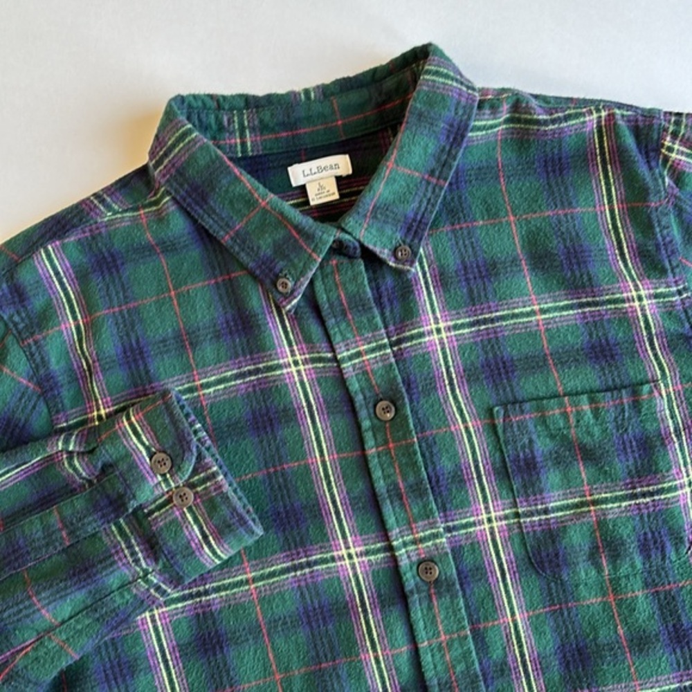 LL Bean Green Pink Plaid Long Sleeve Button   Cotton Flannel Shirt Women’s Large